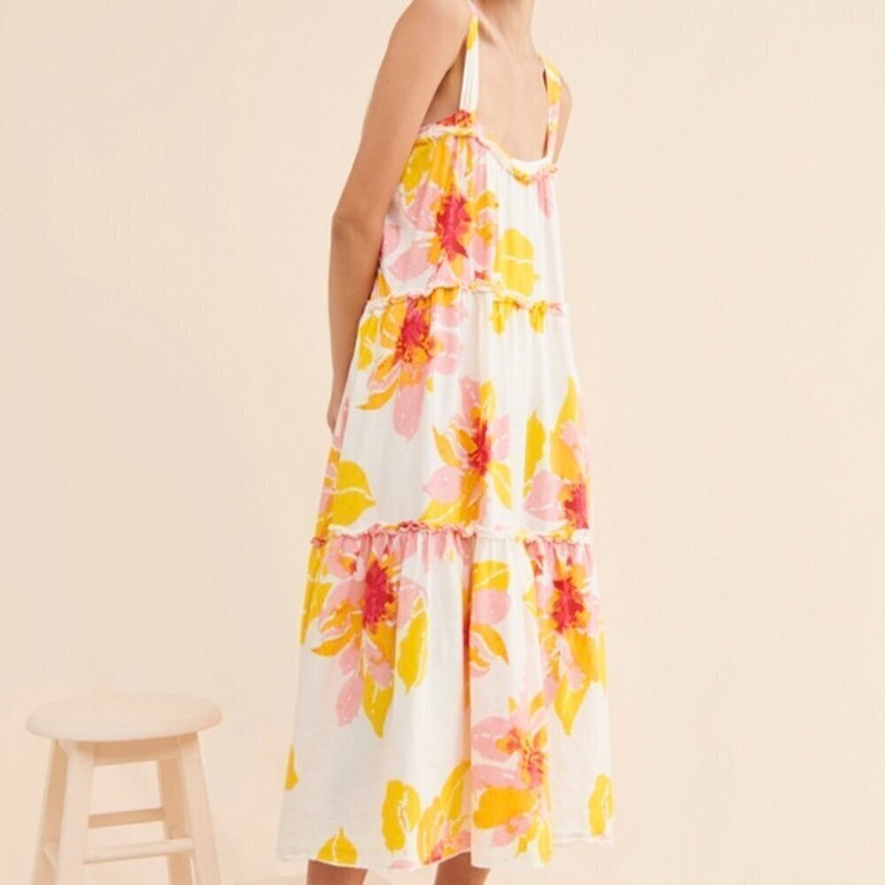 Free People Moonshine Linen Blend White Pastel Floral Midi Tiered Dress S‌‌‌